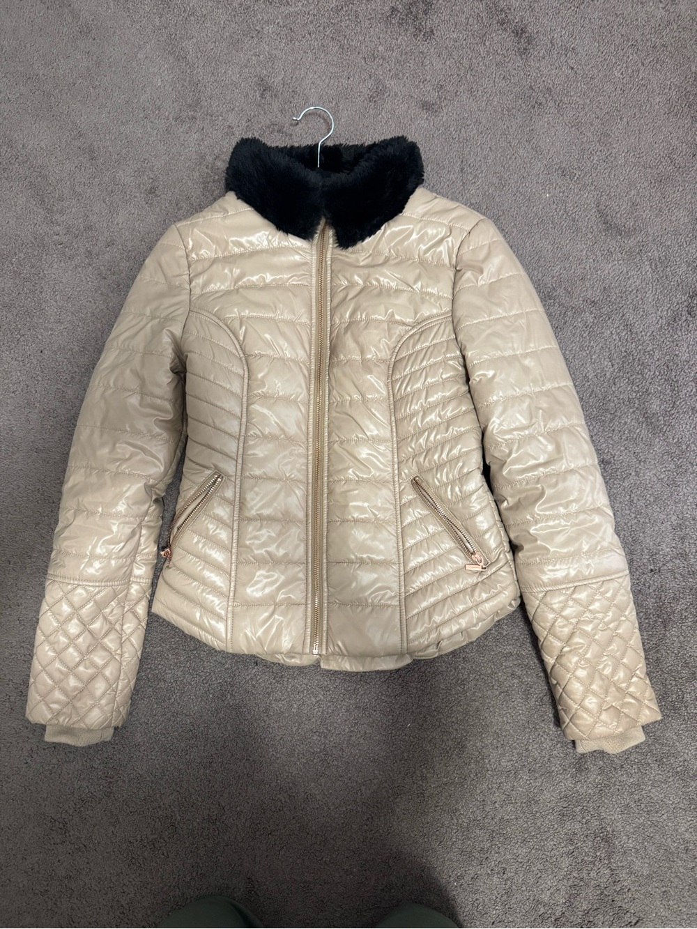 Guess Cream Quilted Puffer Jacket with Black Faux Fur Collar